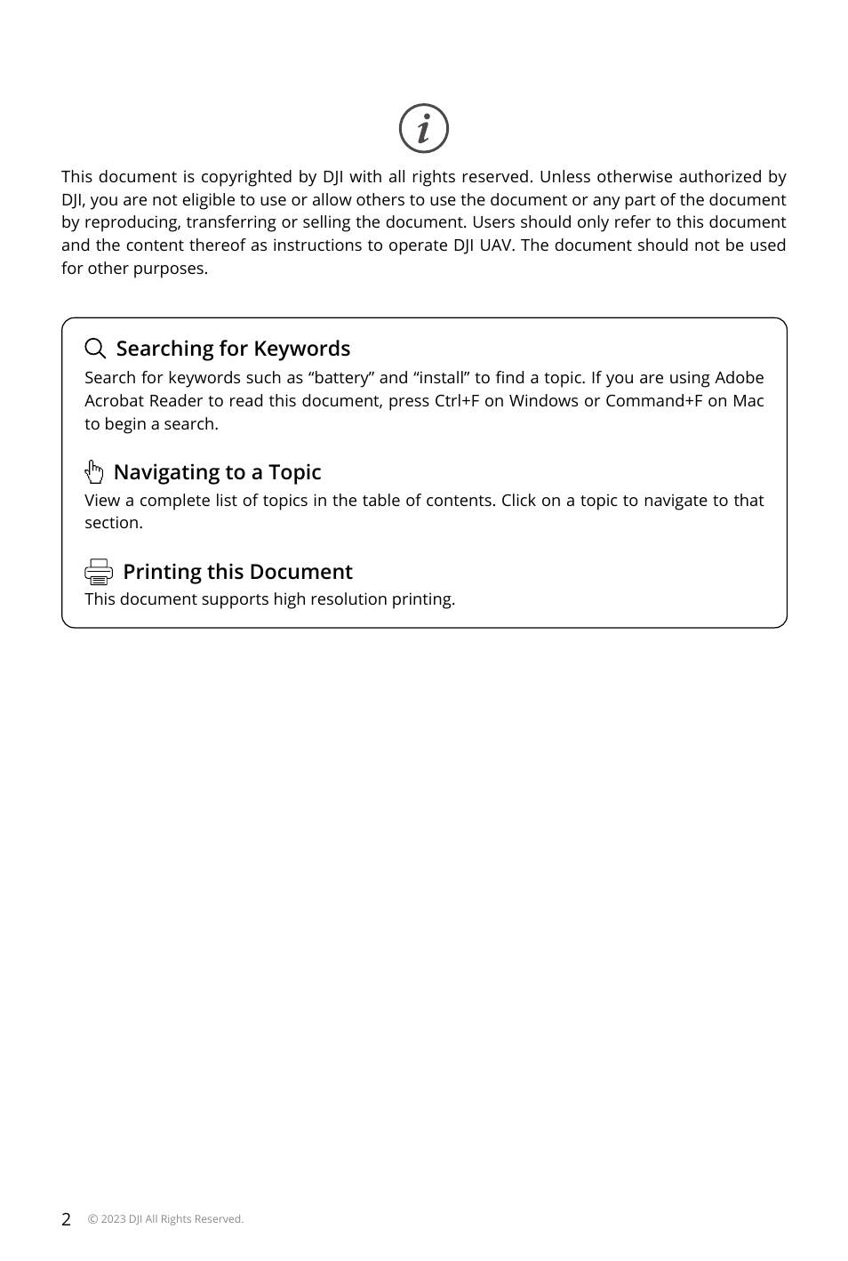 Searching for keywords, Navigating to a topic, Printing this document | DJI Mavic 3 Pro Drone with Fly More Combo & RC User Manual | Page 2 / 115