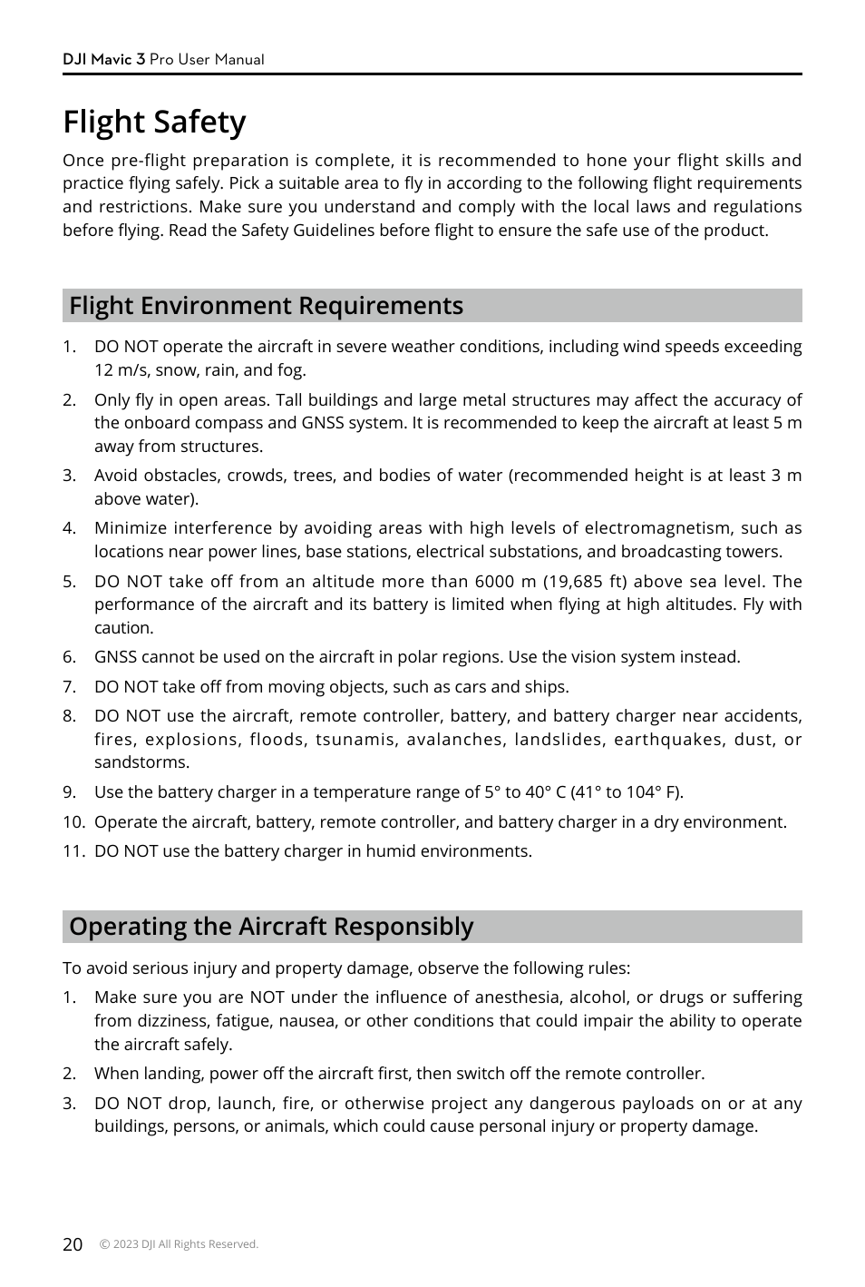 Flight safety, Flight environment requirements, Operating the aircraft responsibly | DJI Mavic 3 Pro Drone with Fly More Combo & RC User Manual | Page 20 / 115