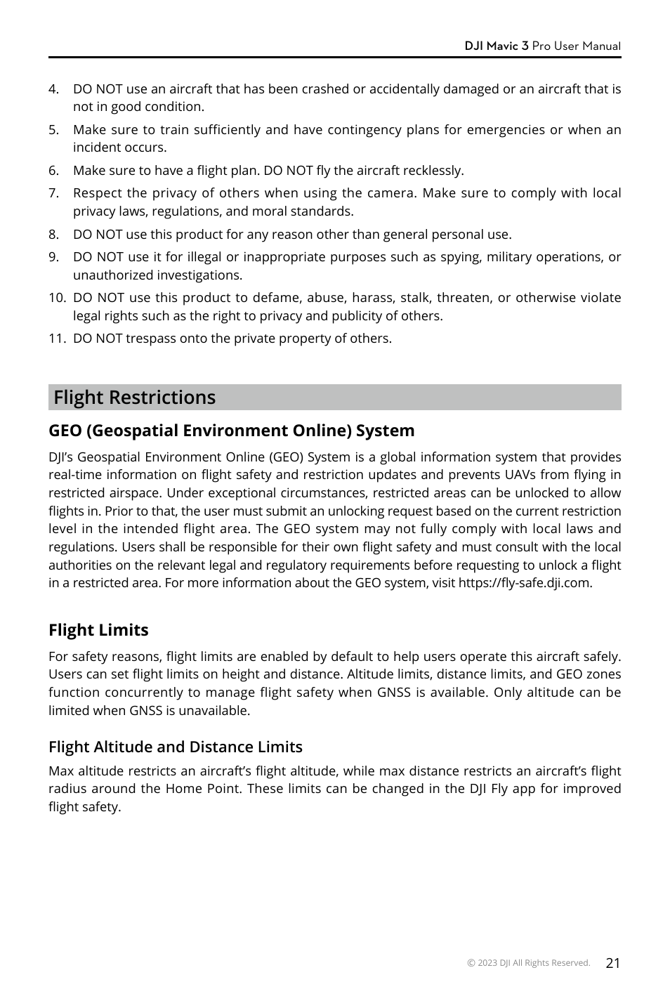 Flight restrictions, Geo (geospatial environment online) system, Flight limits | DJI Mavic 3 Pro Drone with Fly More Combo & RC User Manual | Page 21 / 115