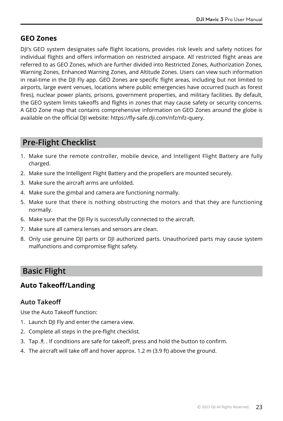 Geo zones, Pre-flight checklist, Basic flight | Auto takeoff/landing | DJI Mavic 3 Pro Drone with Fly More Combo & RC User Manual | Page 23 / 115