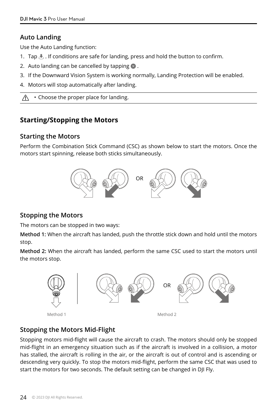 Starting/stopping the motors | DJI Mavic 3 Pro Drone with Fly More Combo & RC User Manual | Page 24 / 115