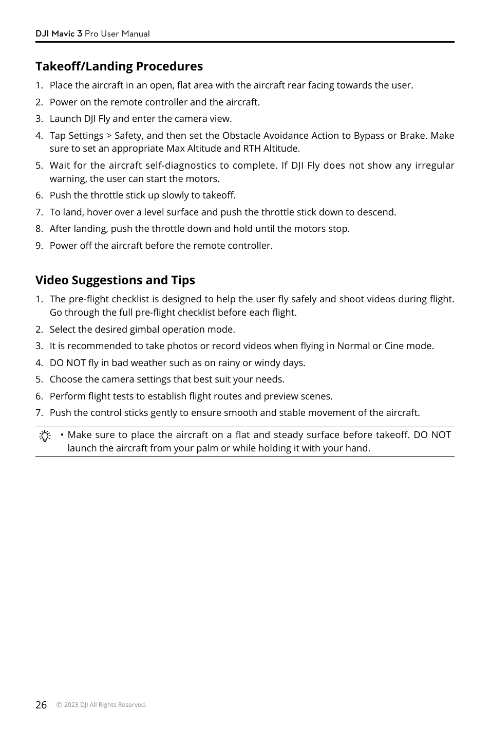 Takeoff/landing procedures, Video suggestions and tips | DJI Mavic 3 Pro Drone with Fly More Combo & RC User Manual | Page 26 / 115