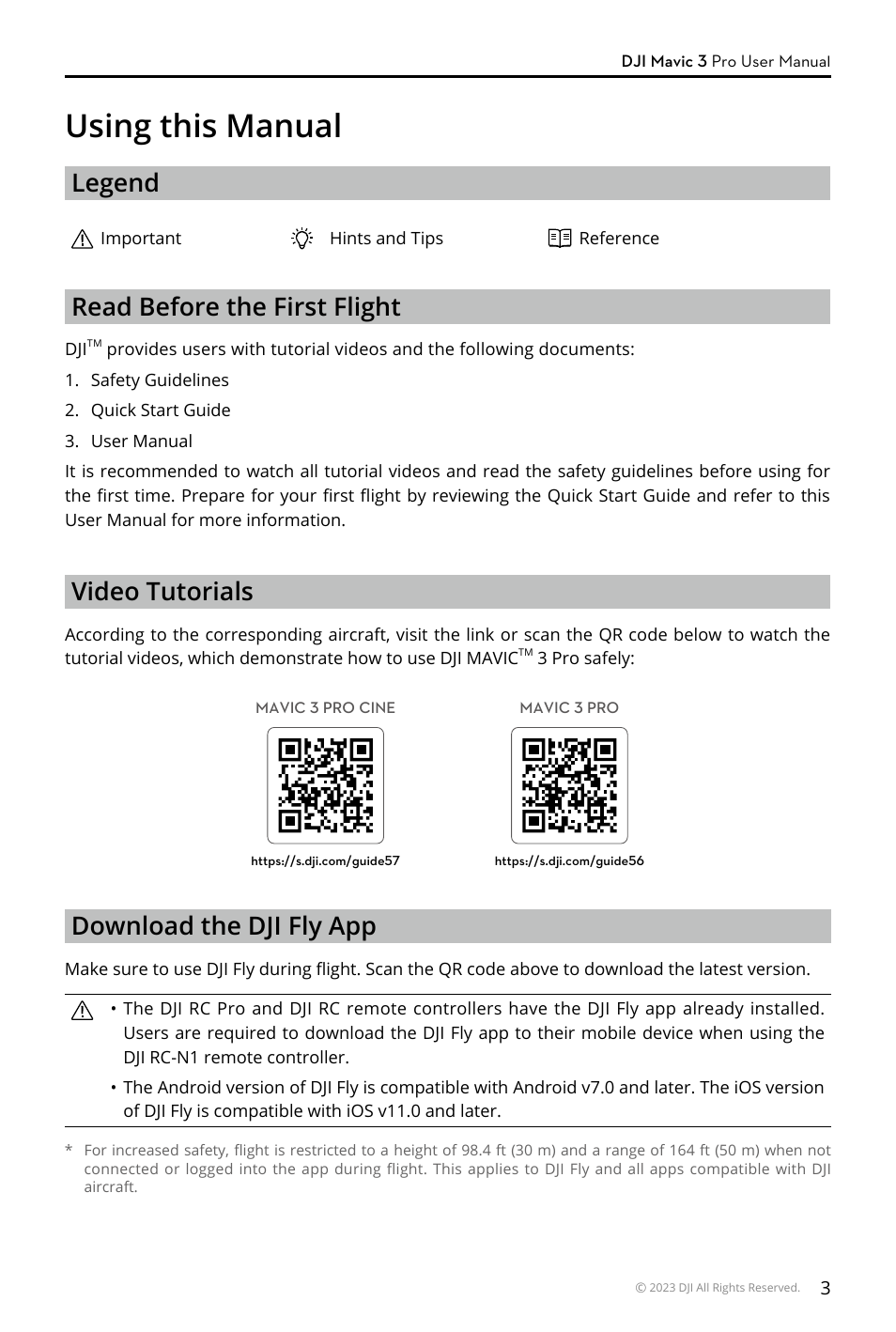 Using this manual, Legend, Read before the first flight | Video tutorials, Download the dji fly app | DJI Mavic 3 Pro Drone with Fly More Combo & RC User Manual | Page 3 / 115
