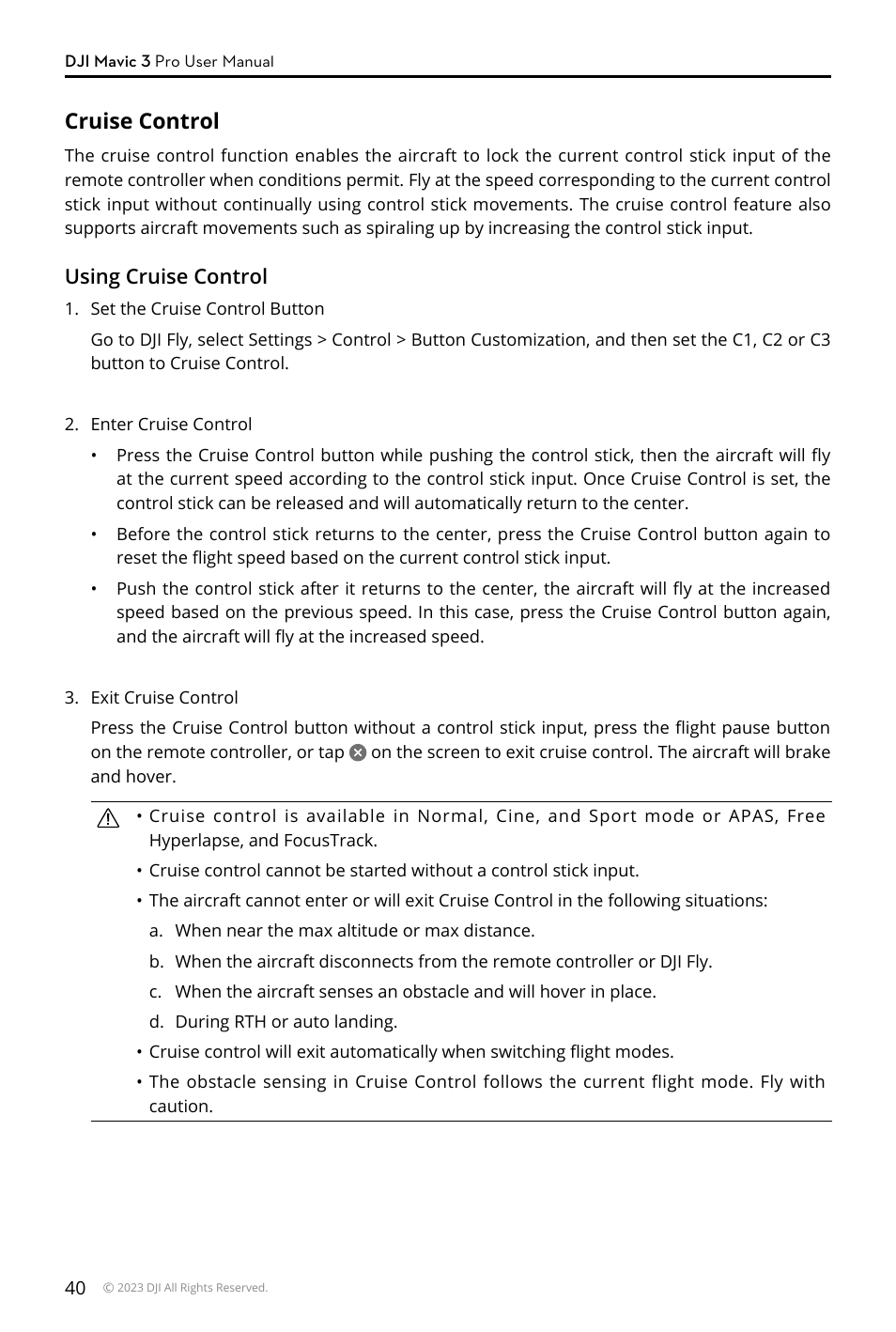 Cruise control | DJI Mavic 3 Pro Drone with Fly More Combo & RC User Manual | Page 40 / 115