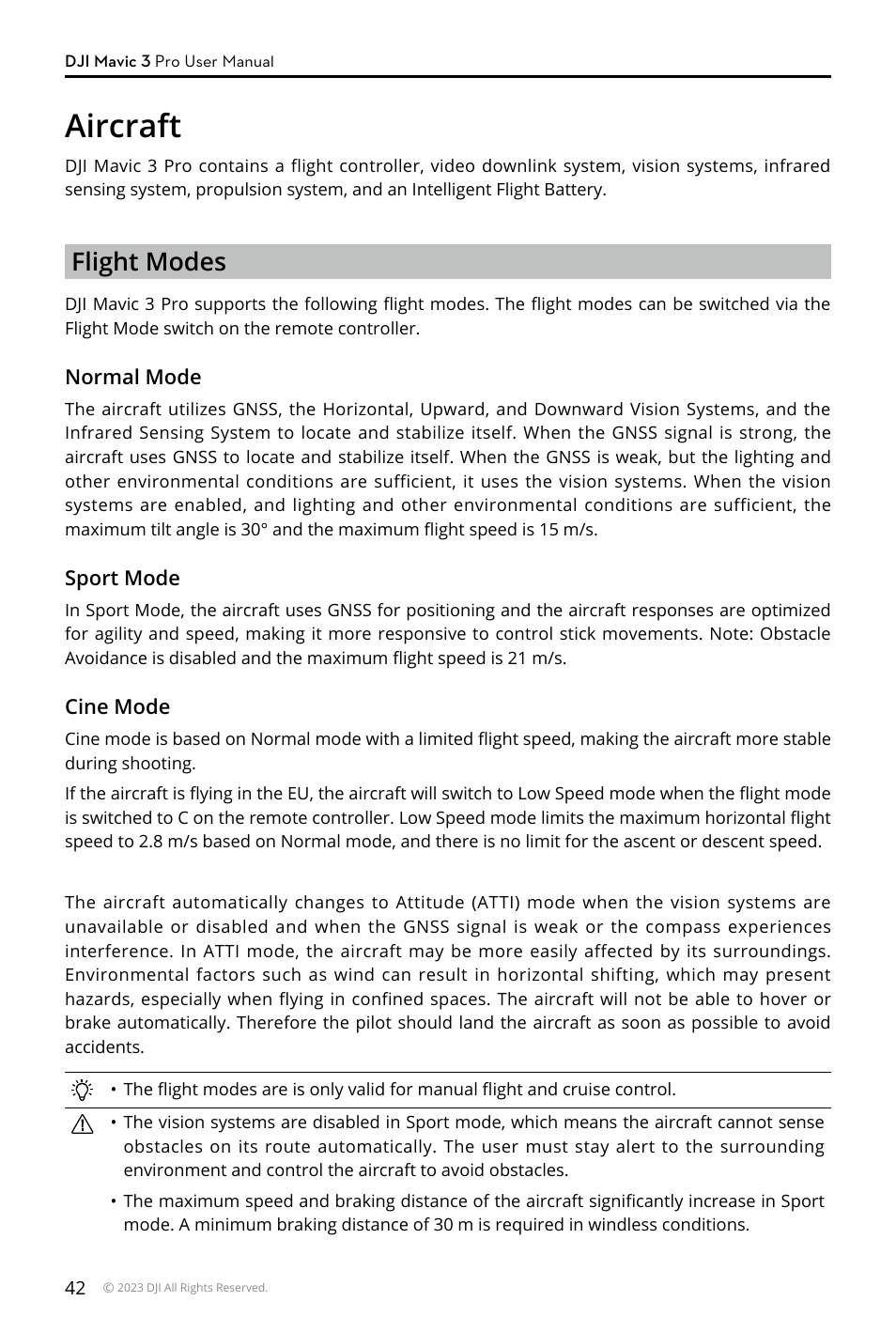 Aircraft, Flight modes | DJI Mavic 3 Pro Drone with Fly More Combo & RC User Manual | Page 42 / 115