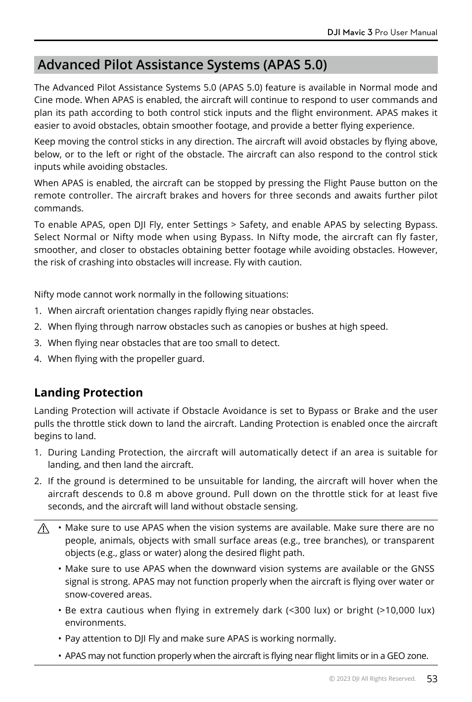 Advanced pilot assistance systems (apas 5.0), Landing protection | DJI Mavic 3 Pro Drone with Fly More Combo & RC User Manual | Page 53 / 115