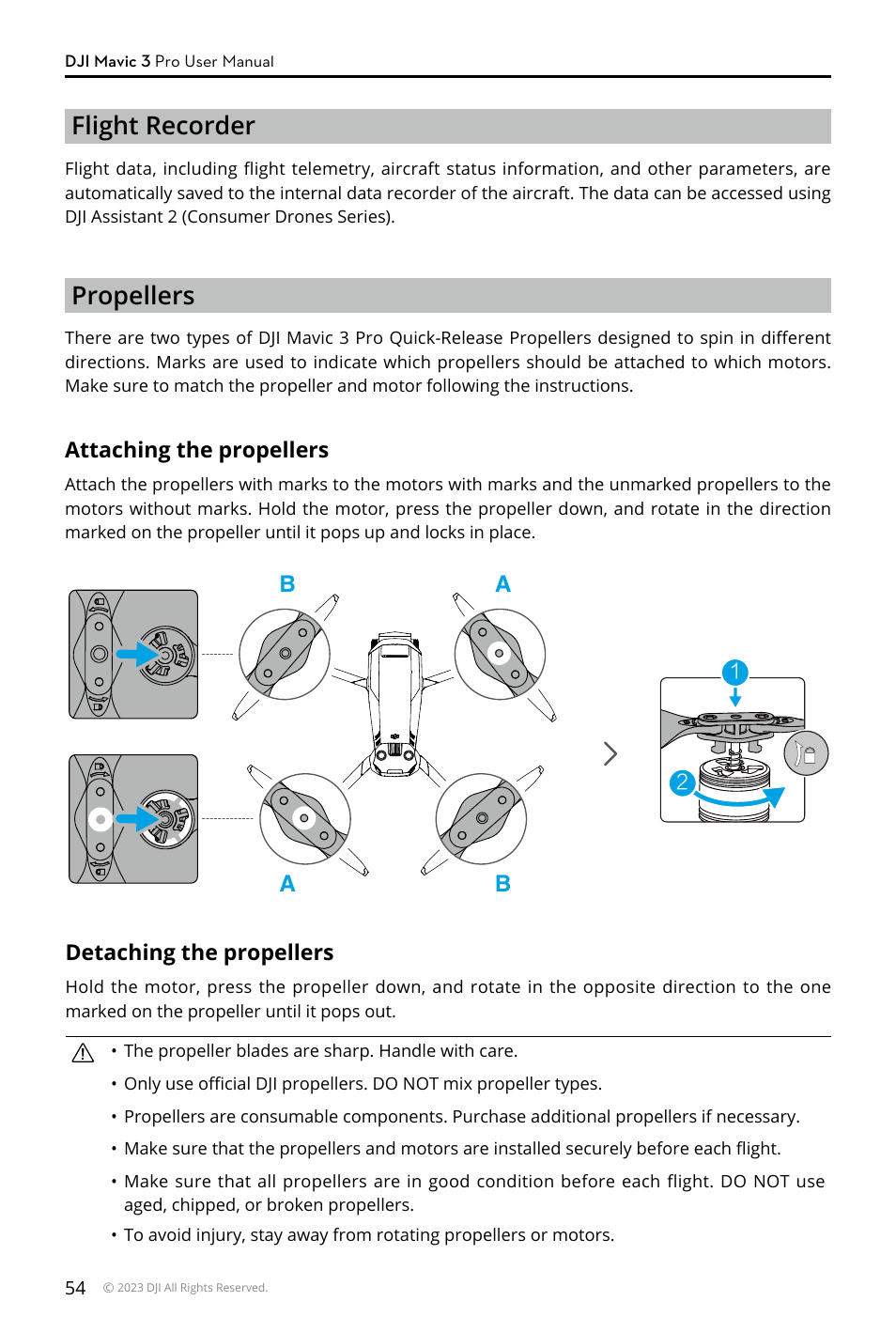 Flight recorder, Propellers, Attaching the propellers | Detaching the propellers, Ba a b | DJI Mavic 3 Pro Drone with Fly More Combo & RC User Manual | Page 54 / 115