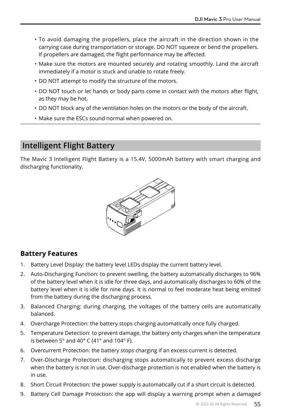 Intelligent flight battery, Battery features | DJI Mavic 3 Pro Drone with Fly More Combo & RC User Manual | Page 55 / 115