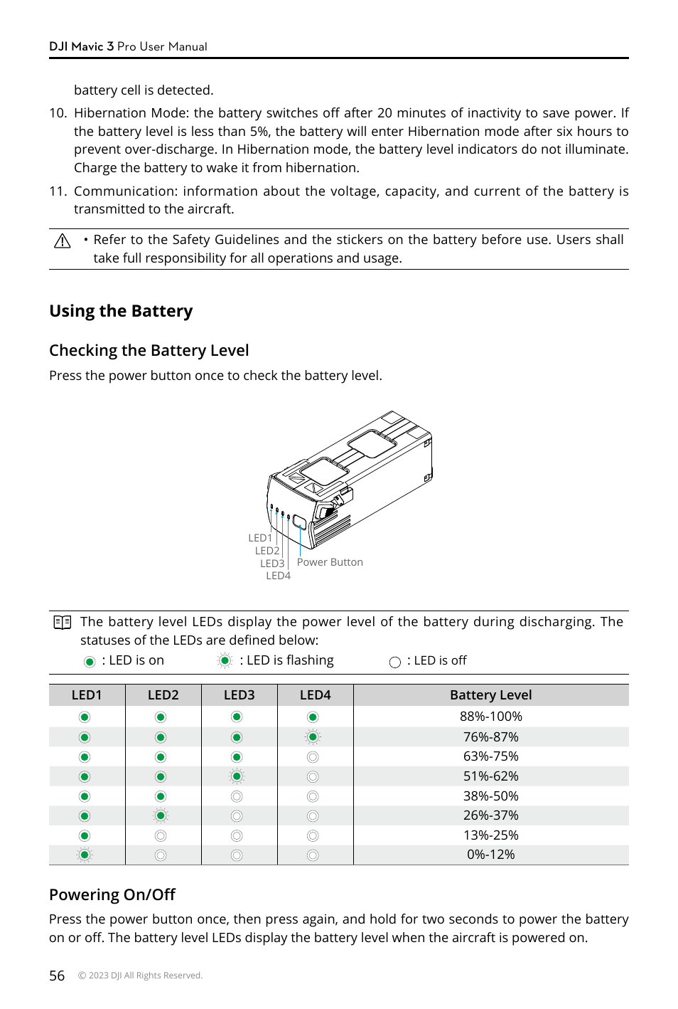 Using the battery, Powering on/off, Checking the battery level | DJI Mavic 3 Pro Drone with Fly More Combo & RC User Manual | Page 56 / 115