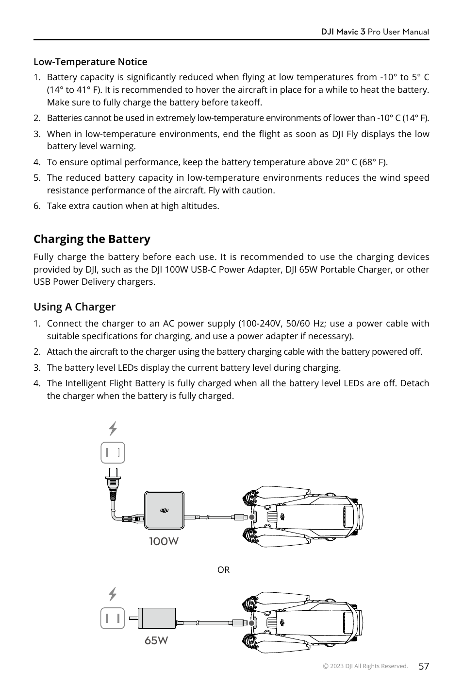 Charging the battery | DJI Mavic 3 Pro Drone with Fly More Combo & RC User Manual | Page 57 / 115