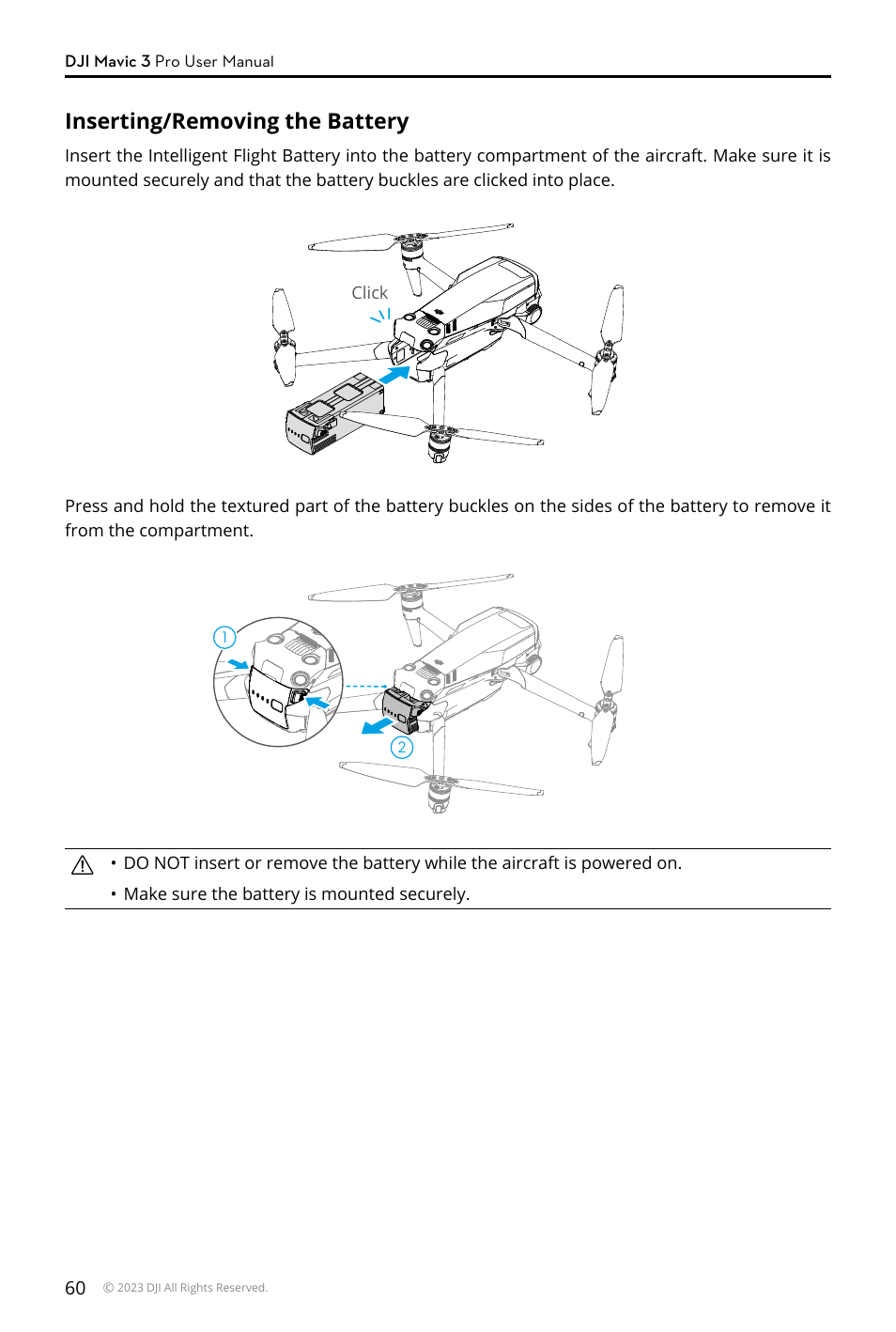 Inserting/removing the battery | DJI Mavic 3 Pro Drone with Fly More Combo & RC User Manual | Page 60 / 115