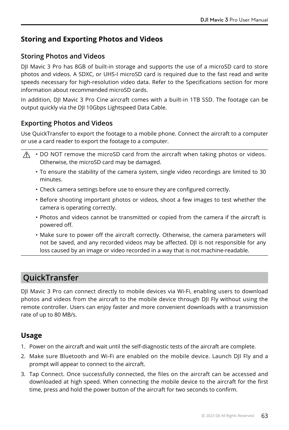 Storing and exporting photos and videos, Quicktransfer, Usage | DJI Mavic 3 Pro Drone with Fly More Combo & RC User Manual | Page 63 / 115