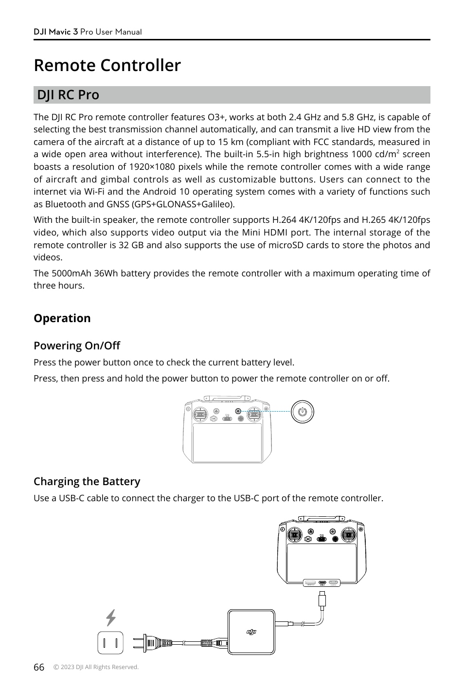 Remote controller, Dji rc pro, Operation | DJI Mavic 3 Pro Drone with Fly More Combo & RC User Manual | Page 66 / 115