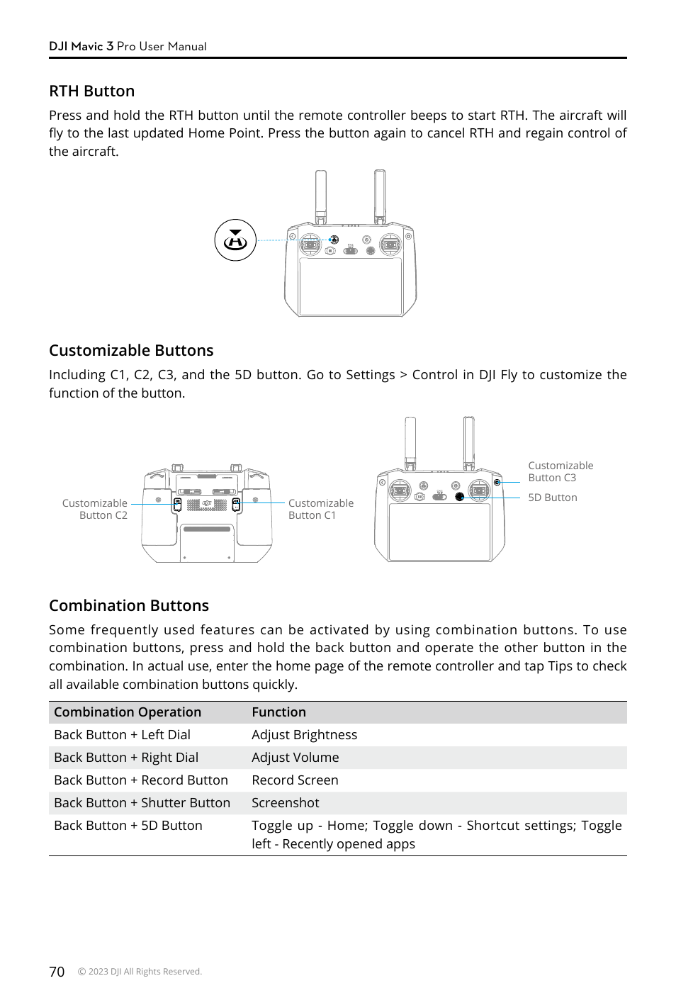 Rth button, Customizable buttons, Combination buttons | DJI Mavic 3 Pro Drone with Fly More Combo & RC User Manual | Page 70 / 115