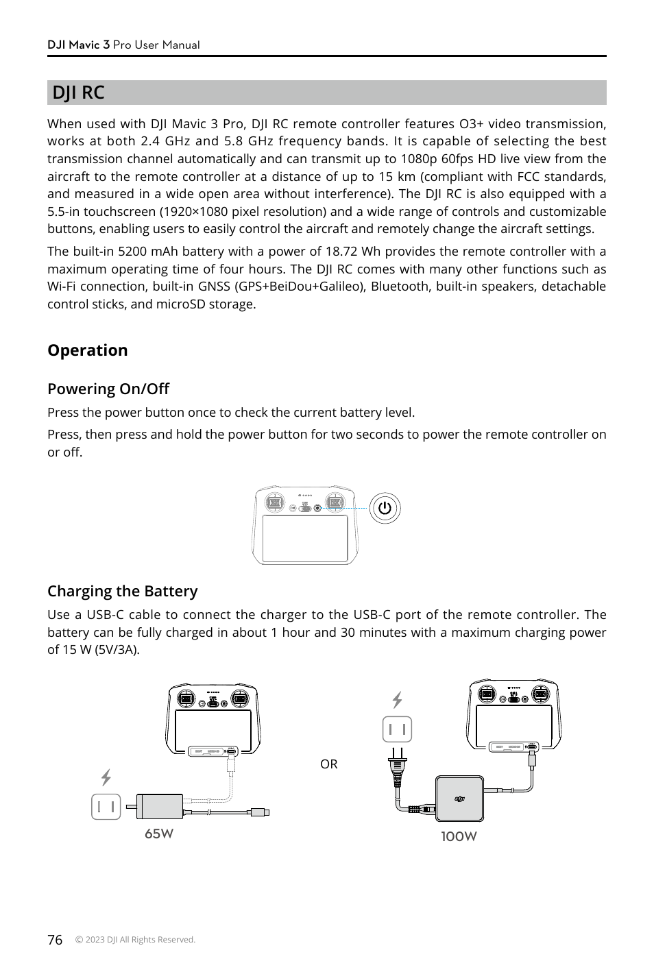 Dji rc, Operation | DJI Mavic 3 Pro Drone with Fly More Combo & RC User Manual | Page 76 / 115