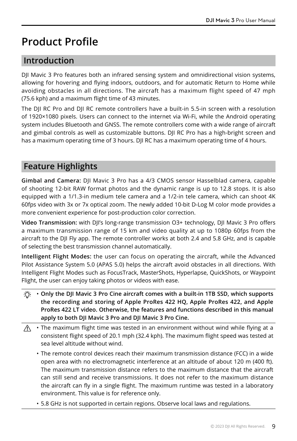 Product profile, Introduction, Feature highlights | DJI Mavic 3 Pro Drone with Fly More Combo & RC User Manual | Page 9 / 115