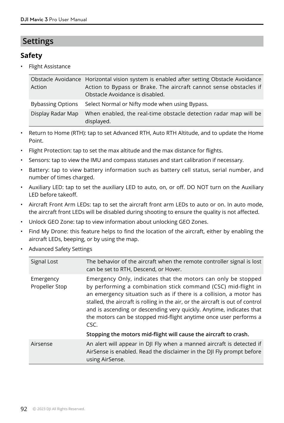 Settings, Safety | DJI Mavic 3 Pro Drone with Fly More Combo & RC User Manual | Page 92 / 115