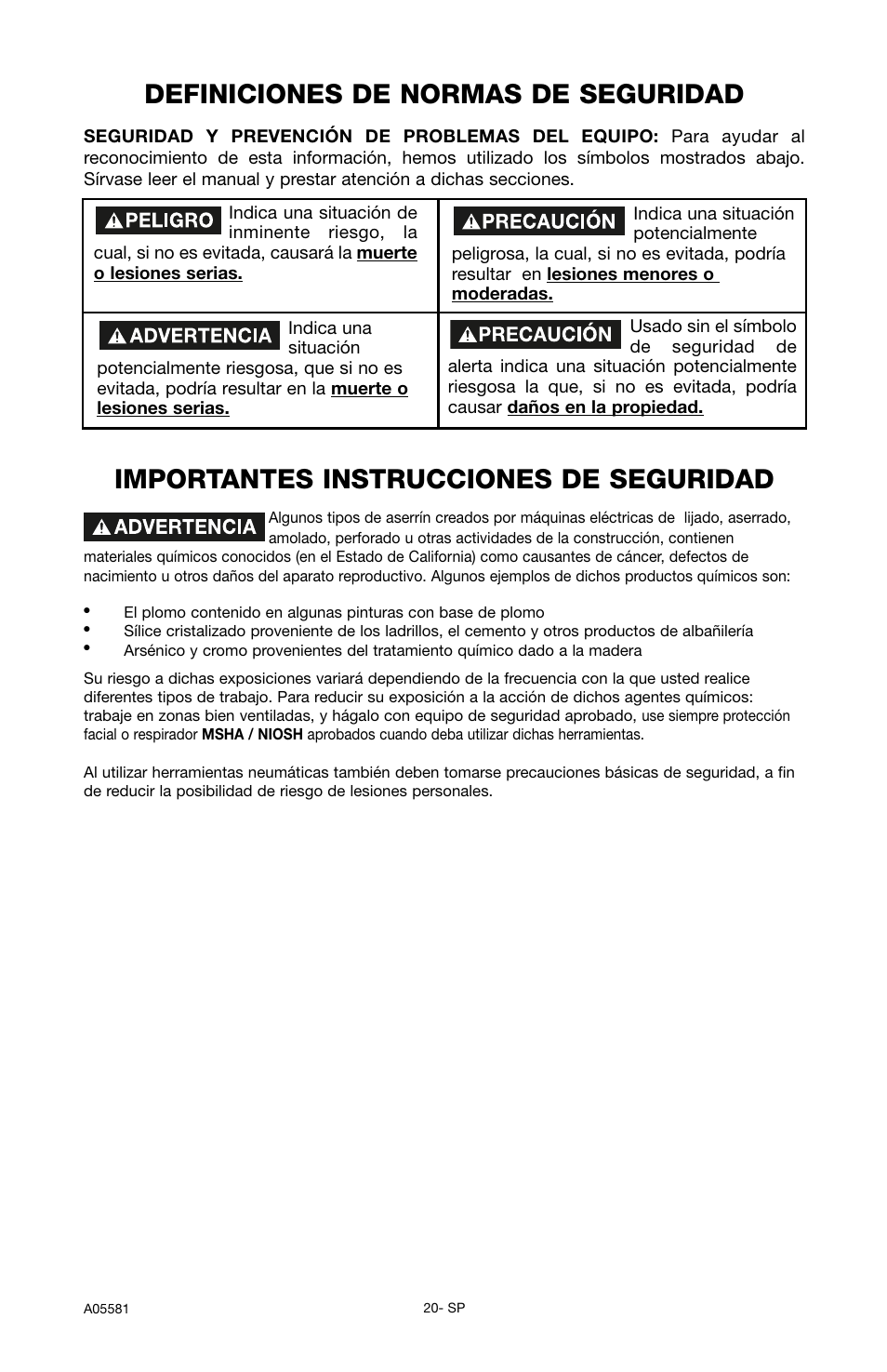 Definiciones de normas de seguridad, Importantes instrucciones de seguridad | Delta ShopMaster CP201 User Manual | Page 20 / 56