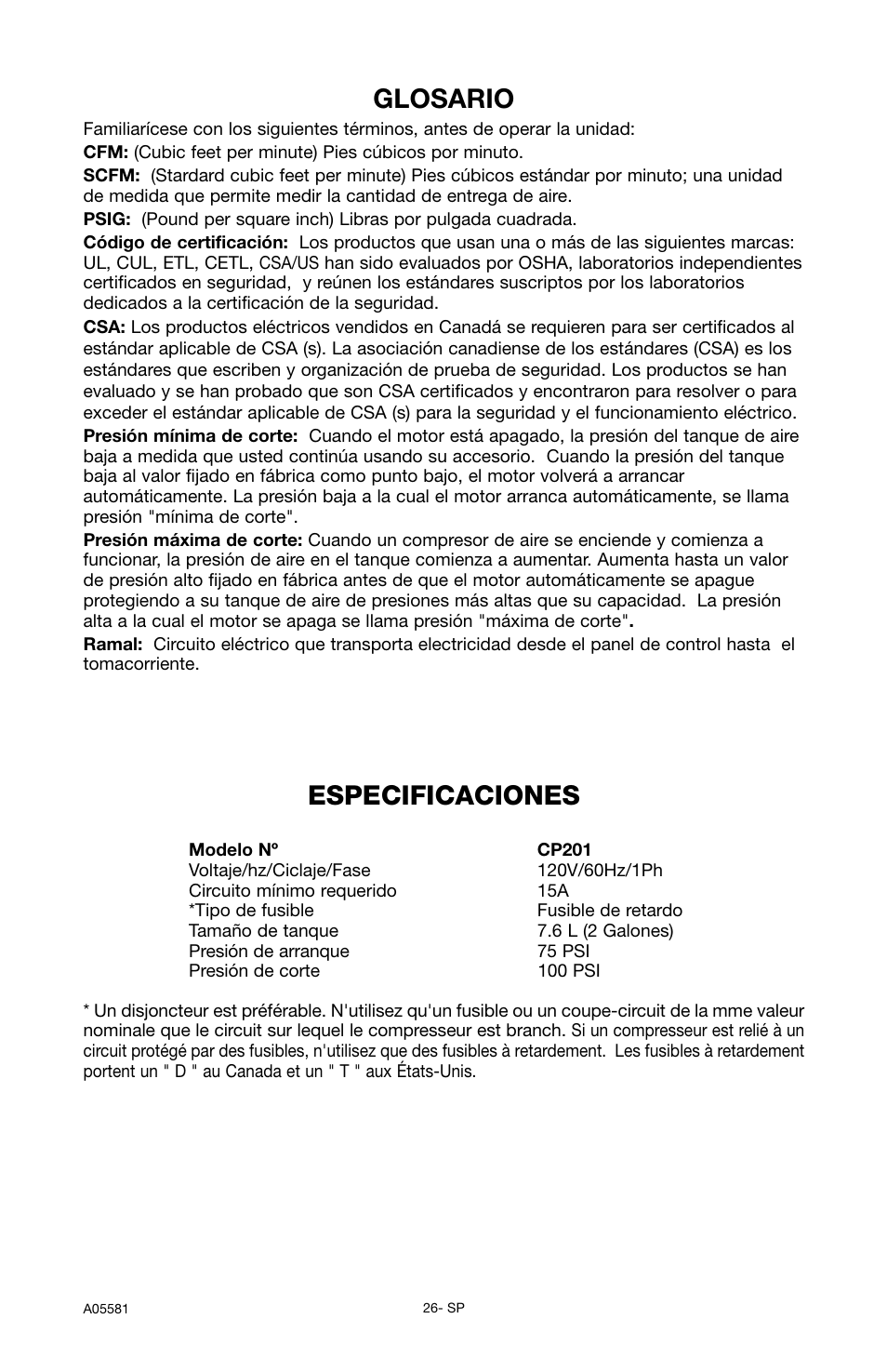 Glosario, Especificaciones | Delta ShopMaster CP201 User Manual | Page 26 / 56