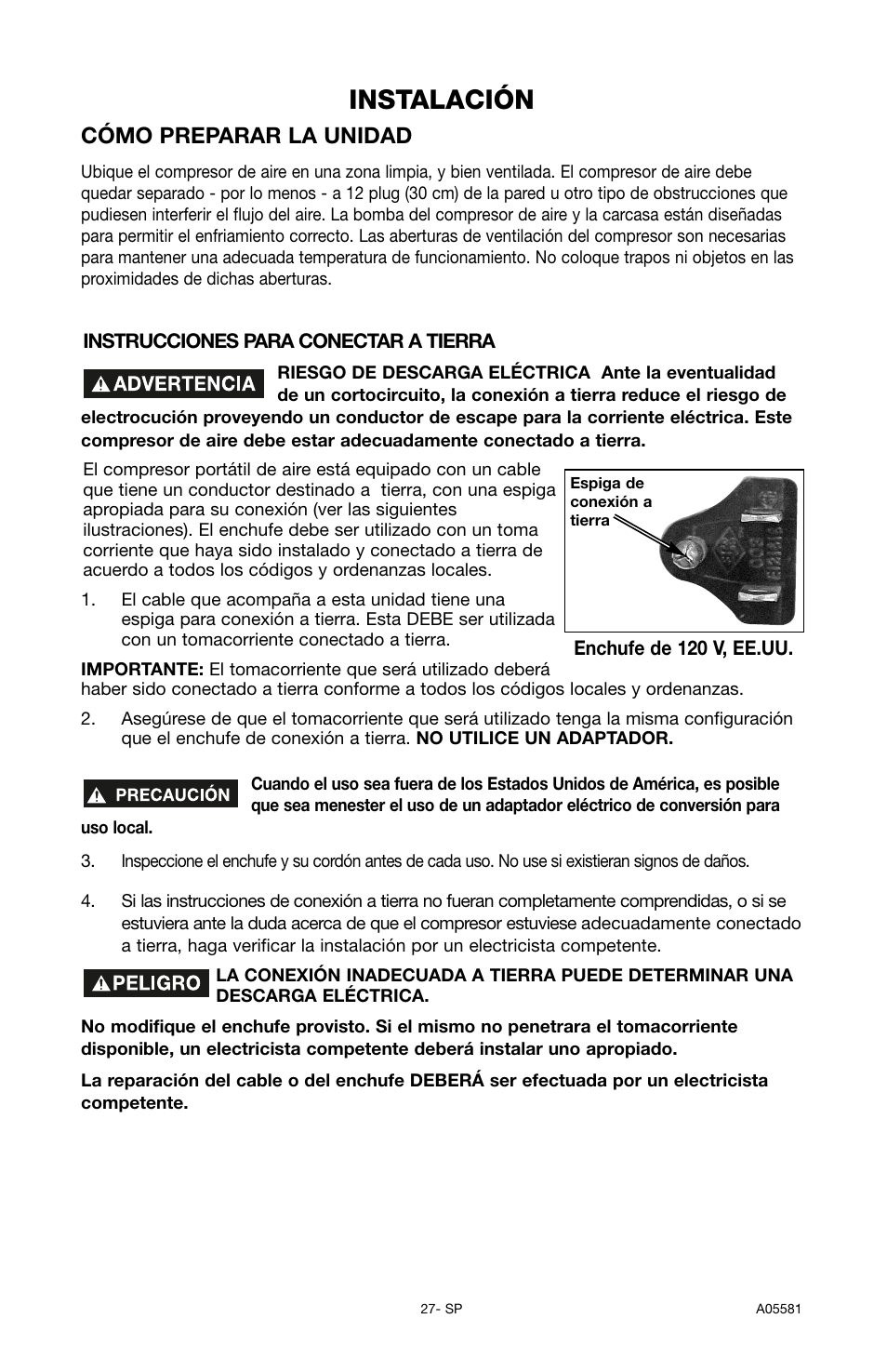Instalación, Cómo preparar la unidad | Delta ShopMaster CP201 User Manual | Page 27 / 56