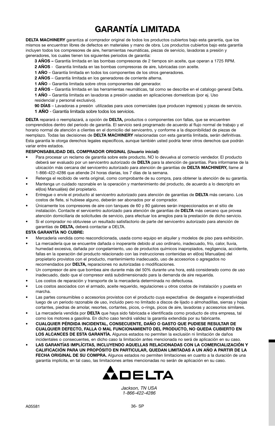 Garantía limitada | Delta ShopMaster CP201 User Manual | Page 36 / 56