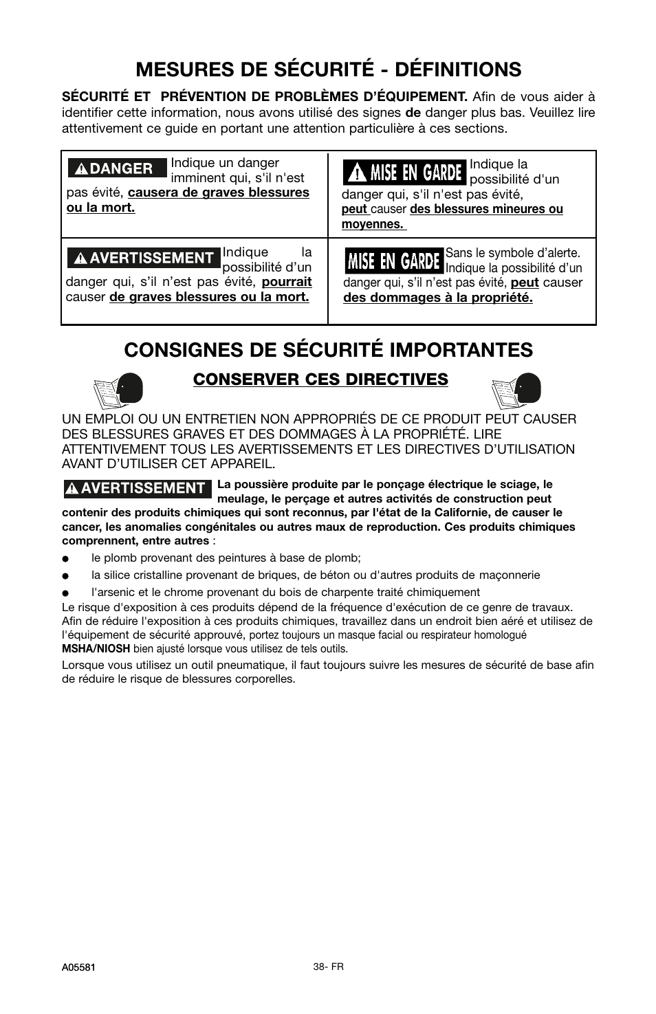Consignes de sécurité importantes, Mesures de sécurité - définitions, Conserver ces directives | Delta ShopMaster CP201 User Manual | Page 38 / 56