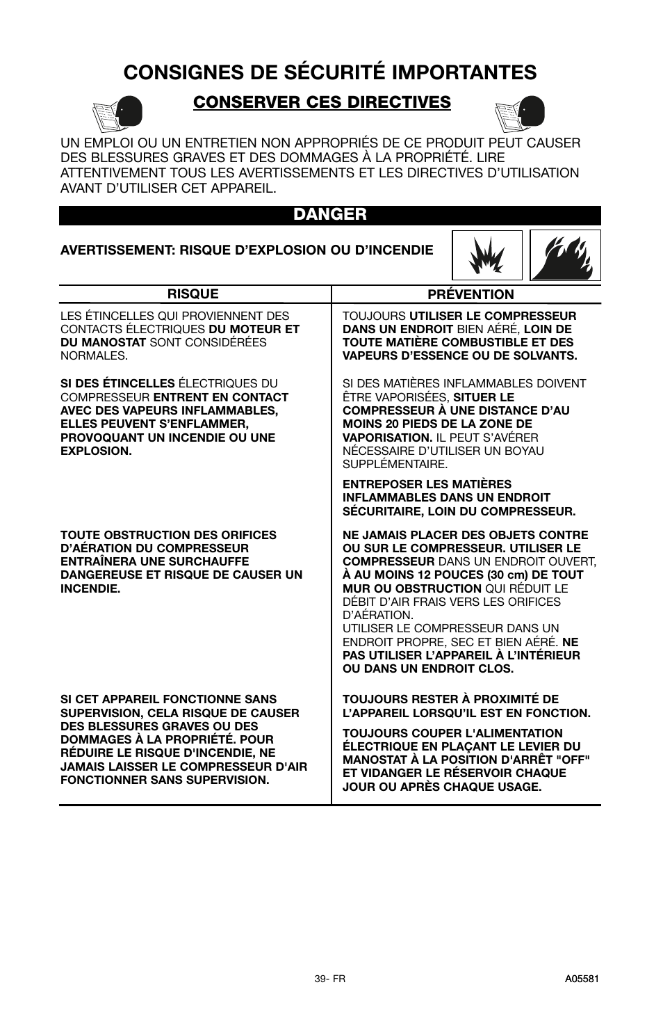 Consignes de sécurité importantes, Danger, Conserver ces directives | Delta ShopMaster CP201 User Manual | Page 39 / 56