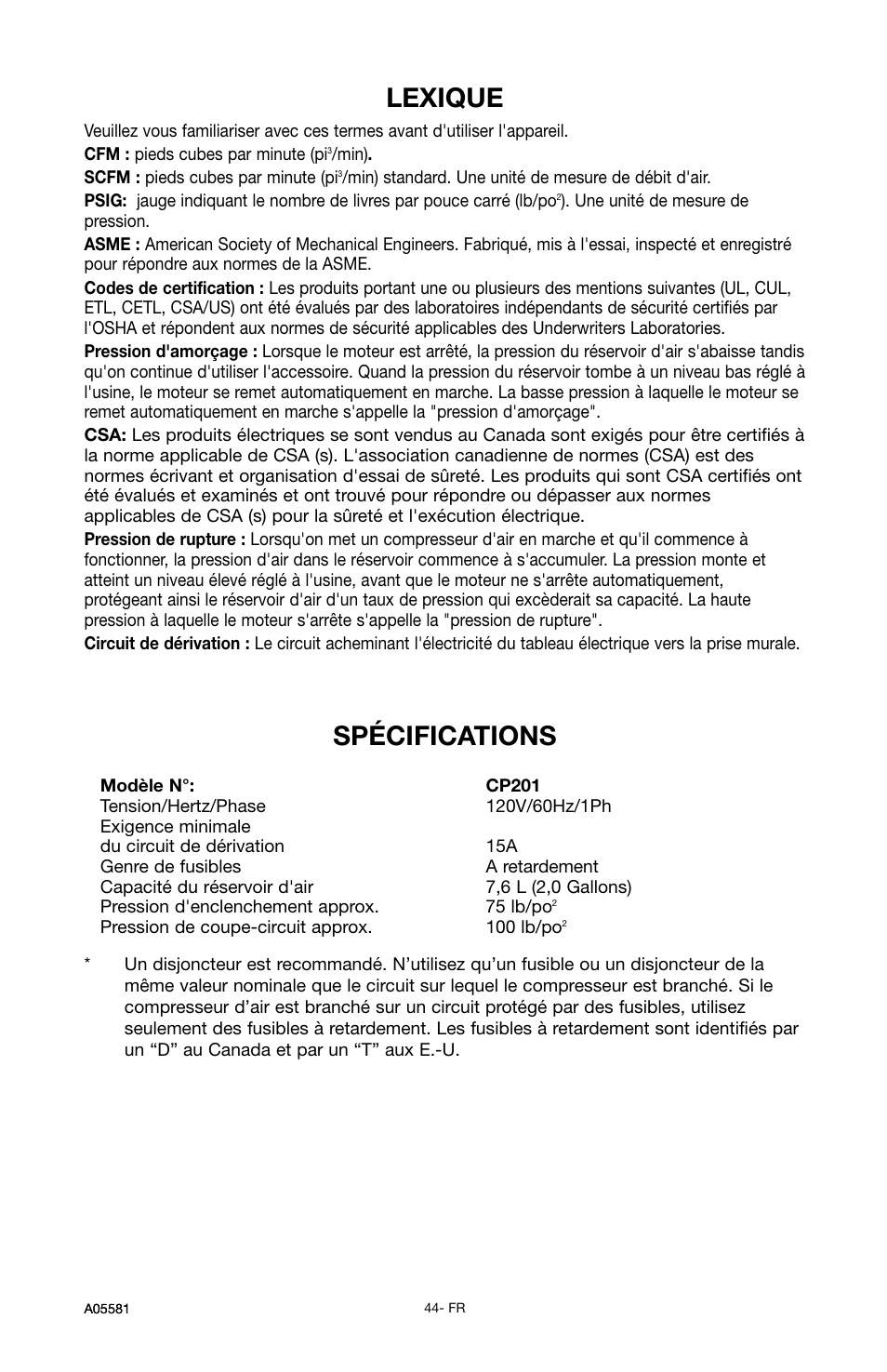 Lexique, Spécifications | Delta ShopMaster CP201 User Manual | Page 44 / 56