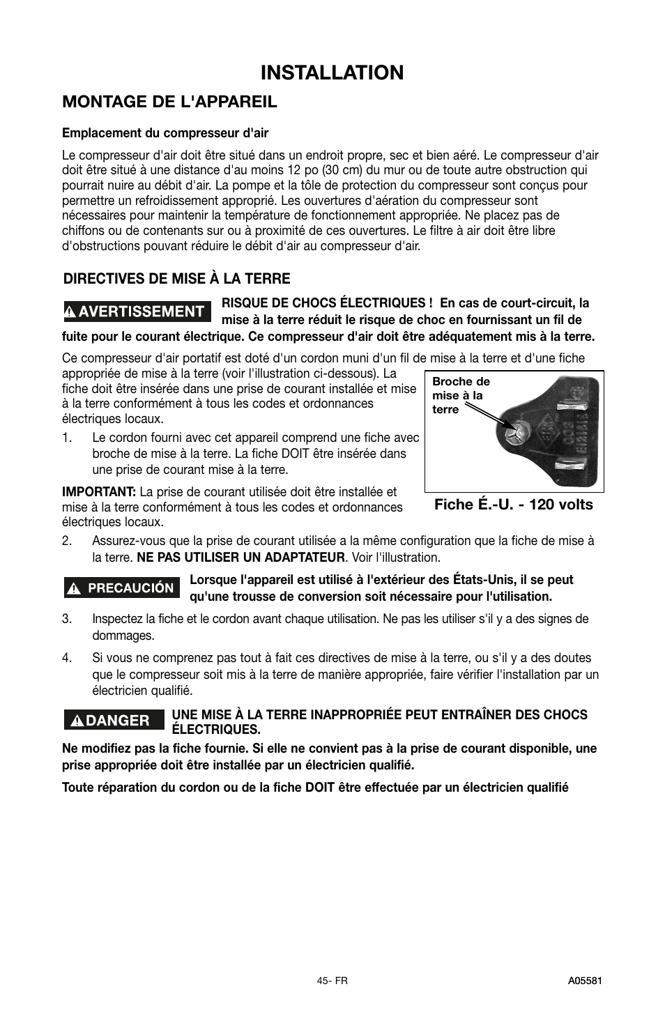 Installation, Montage de l'appareil | Delta ShopMaster CP201 User Manual | Page 45 / 56