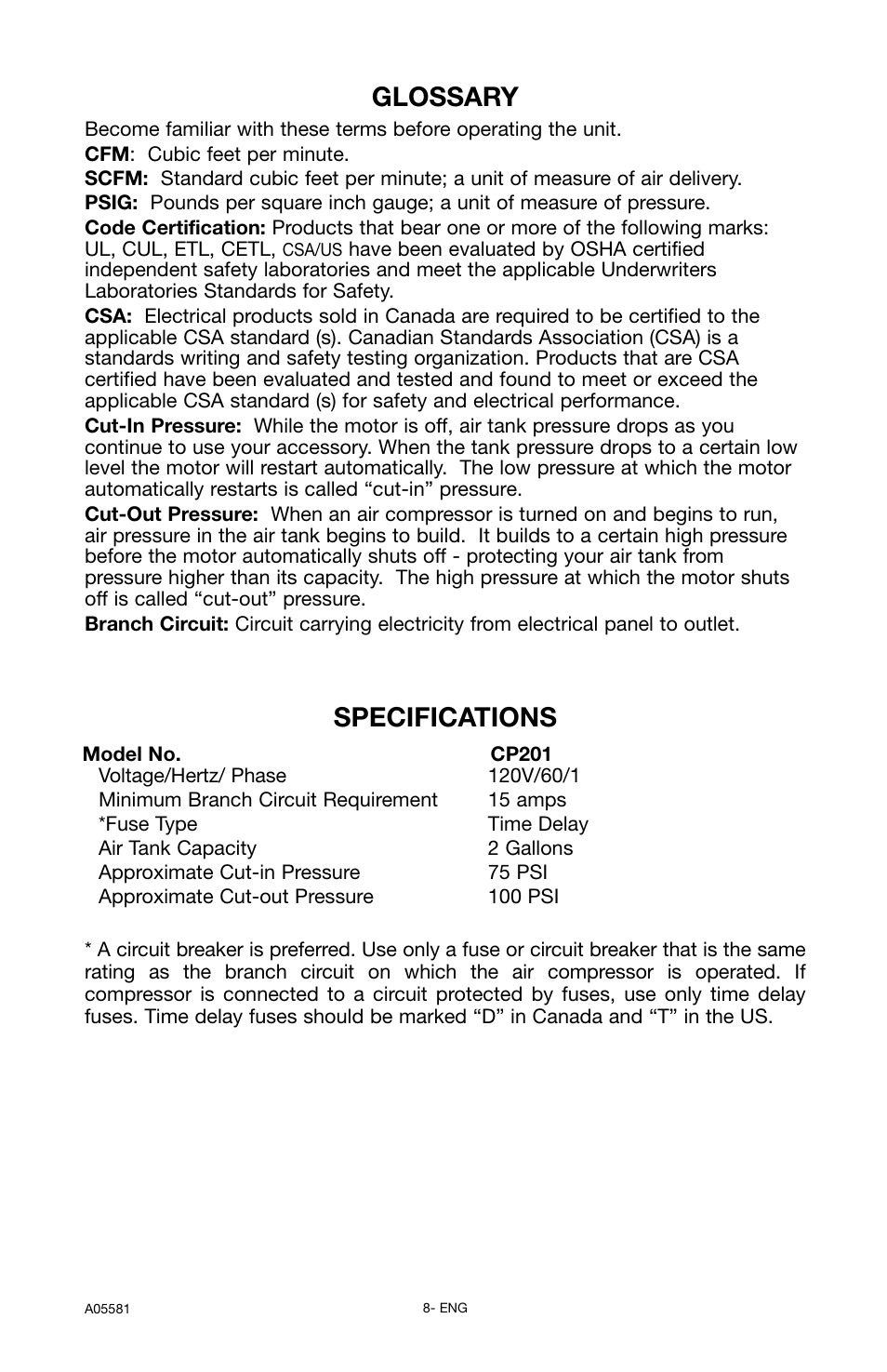 Glossary, Specifications | Delta ShopMaster CP201 User Manual | Page 8 / 56