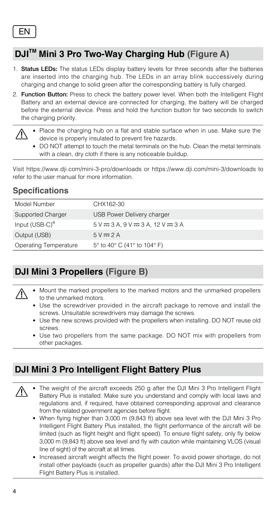 Mini 3 pro two-way charging hub (figure a), Dji mini 3 propellers (figure b), Dji mini 3 pro intelligent flight battery plus | Centro de carga bidireccional dji, Mini 3 pro (figura a), Hélices dji mini 3 (figura b), Batería de vuelo inteligente plus dji mini 3 pro | DJI Mini 3 Drone with RC Remote (Fly More Combo) User Manual | Page 5 / 32