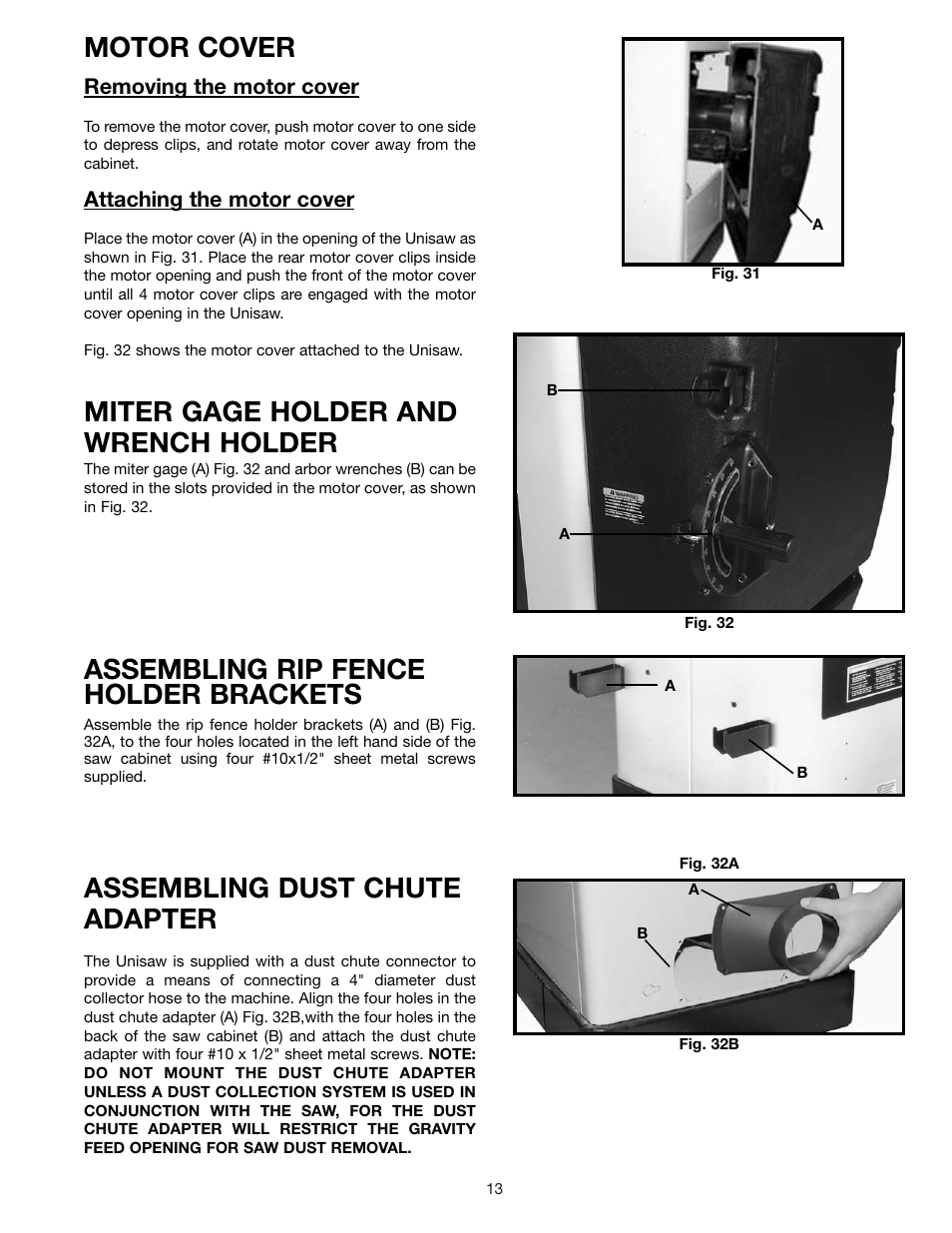 Assembling rip fence holder brackets, Assembling dust chute adapter, Miter gage holder and wrench holder | Motor cover | Delta 36-841 User Manual | Page 13 / 40