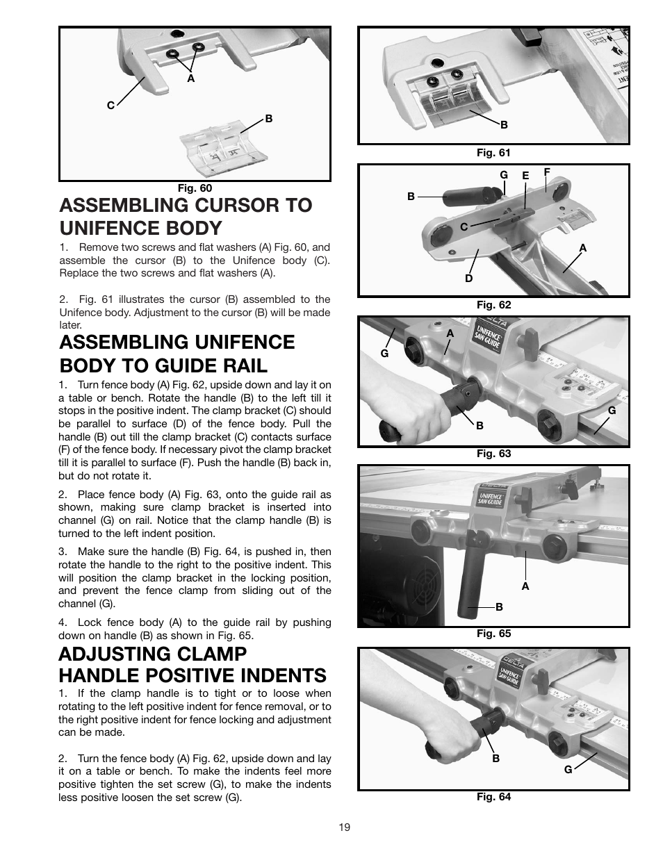 Assembling cursor to unifence body, Assembling unifence body to guide rail, Adjusting clamp handle positive indents | Delta 36-841 User Manual | Page 19 / 40