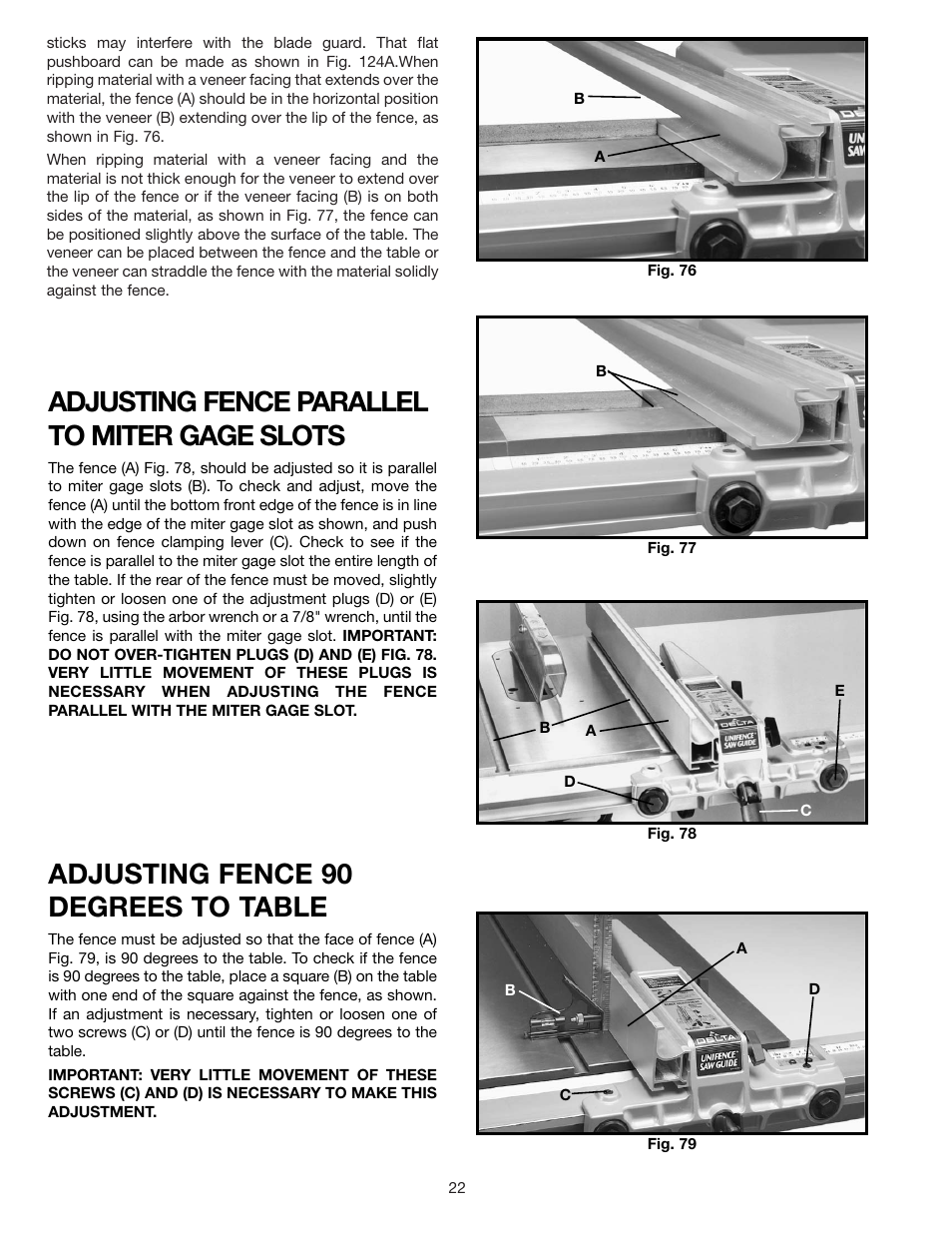 Adjusting fence parallel to miter gage slots, Adjusting fence 90 degrees to table | Delta 36-841 User Manual | Page 22 / 40