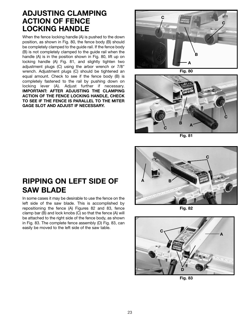 Adjusting clamping action of fence locking handle, Ripping on left side of saw blade | Delta 36-841 User Manual | Page 23 / 40