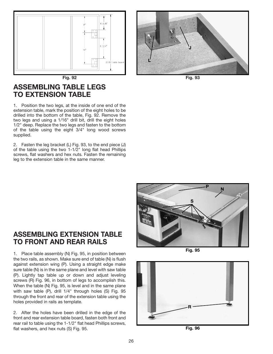 Assembling table legs to extension table, Assembling extension table to front and rear rails | Delta 36-841 User Manual | Page 26 / 40