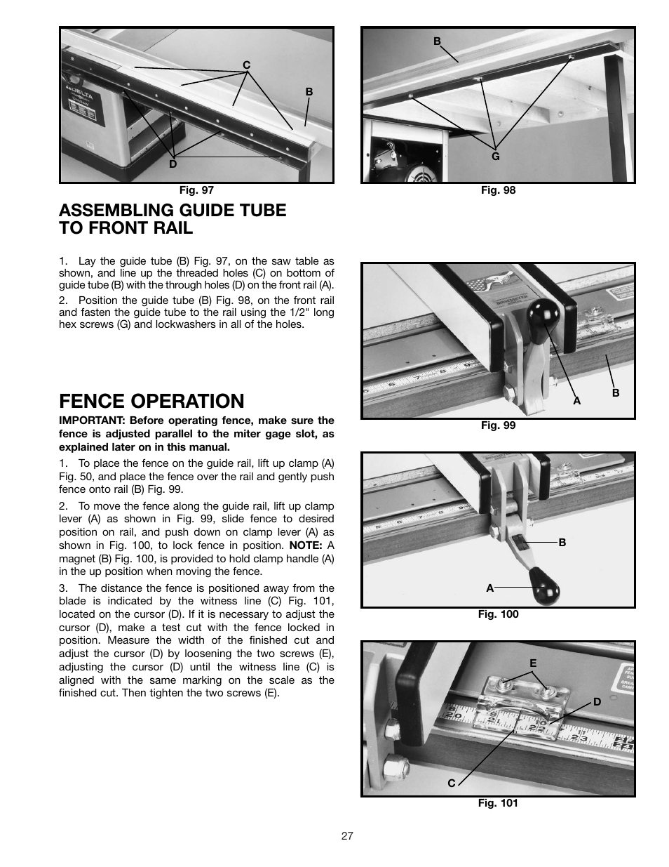 Fence operation, Assembling guide tube to front rail | Delta 36-841 User Manual | Page 27 / 40