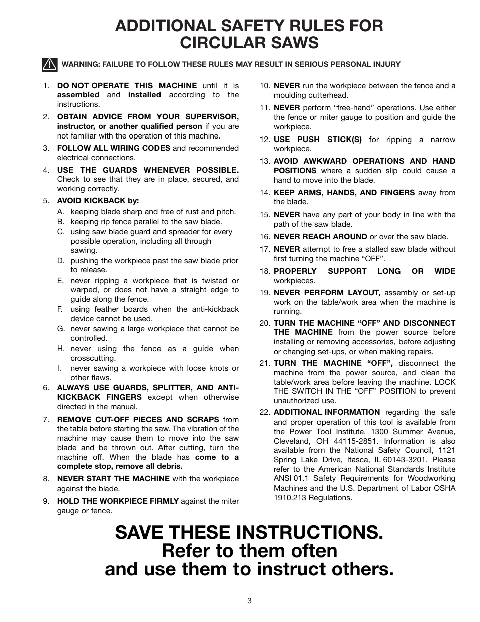 Additional safety rules for circular saws | Delta 36-841 User Manual | Page 3 / 40