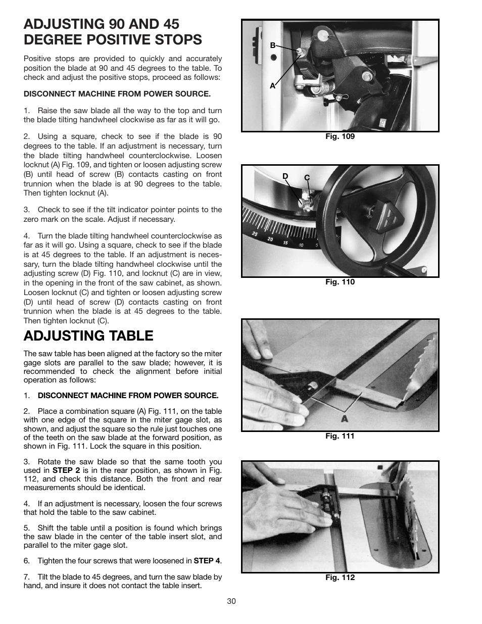Adjusting 90 and 45 degree positive stops, Adjusting table | Delta 36-841 User Manual | Page 30 / 40
