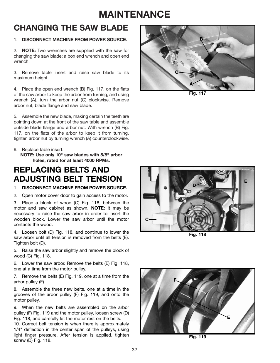Maintenance, Changing the saw blade, Replacing belts and adjusting belt tension | Delta 36-841 User Manual | Page 32 / 40