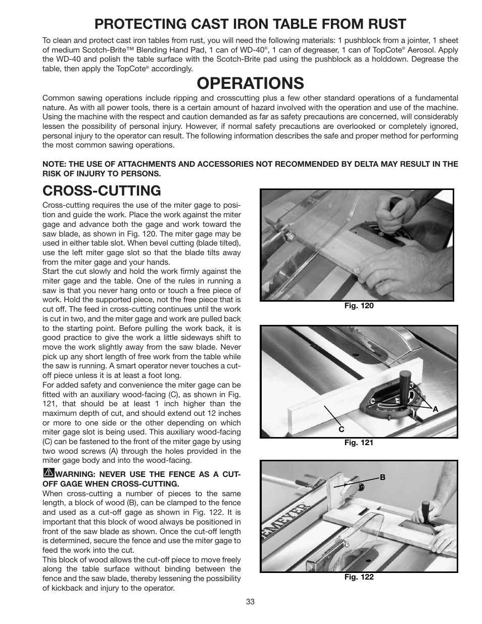 Operations, Protecting cast iron table from rust, Cross-cutting | Delta 36-841 User Manual | Page 33 / 40