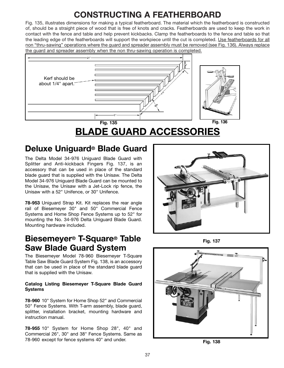 Blade guard accessories, Constructing a featherboard, Deluxe uniguard | Blade guard, Biesemeyer, T-square, Table saw blade guard system | Delta 36-841 User Manual | Page 37 / 40