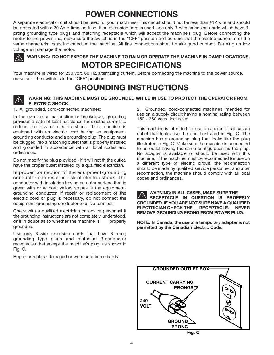 Power connections, Motor specifications, Grounding instructions | Delta 36-841 User Manual | Page 4 / 40