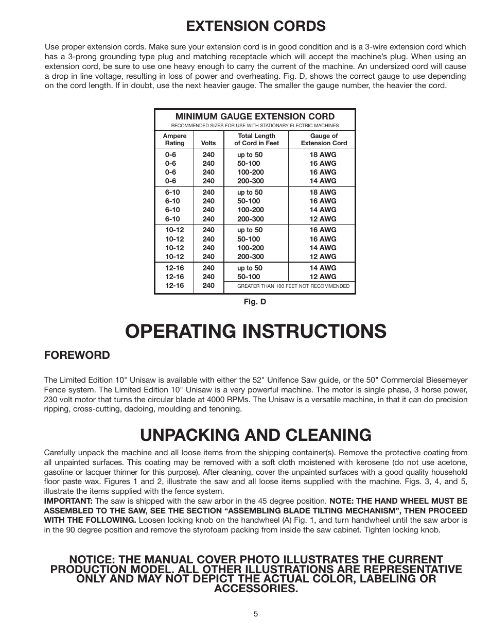 Operating instructions, Unpacking and cleaning, Extension cords | Foreword | Delta 36-841 User Manual | Page 5 / 40