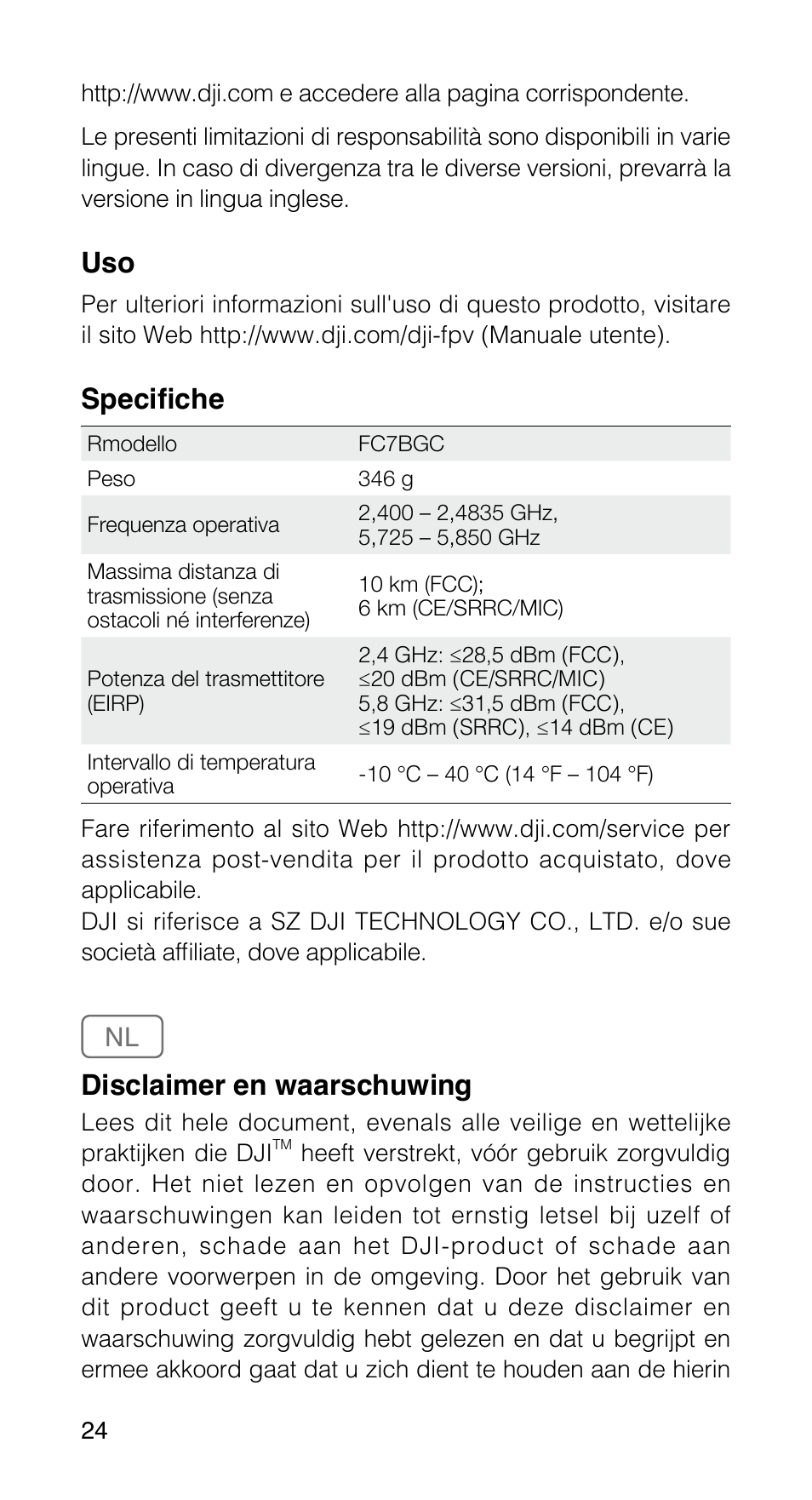 Specifiche, Disclaimer en waarschuwing | DJI FPV Drone (Combo) User Manual | Page 25 / 39