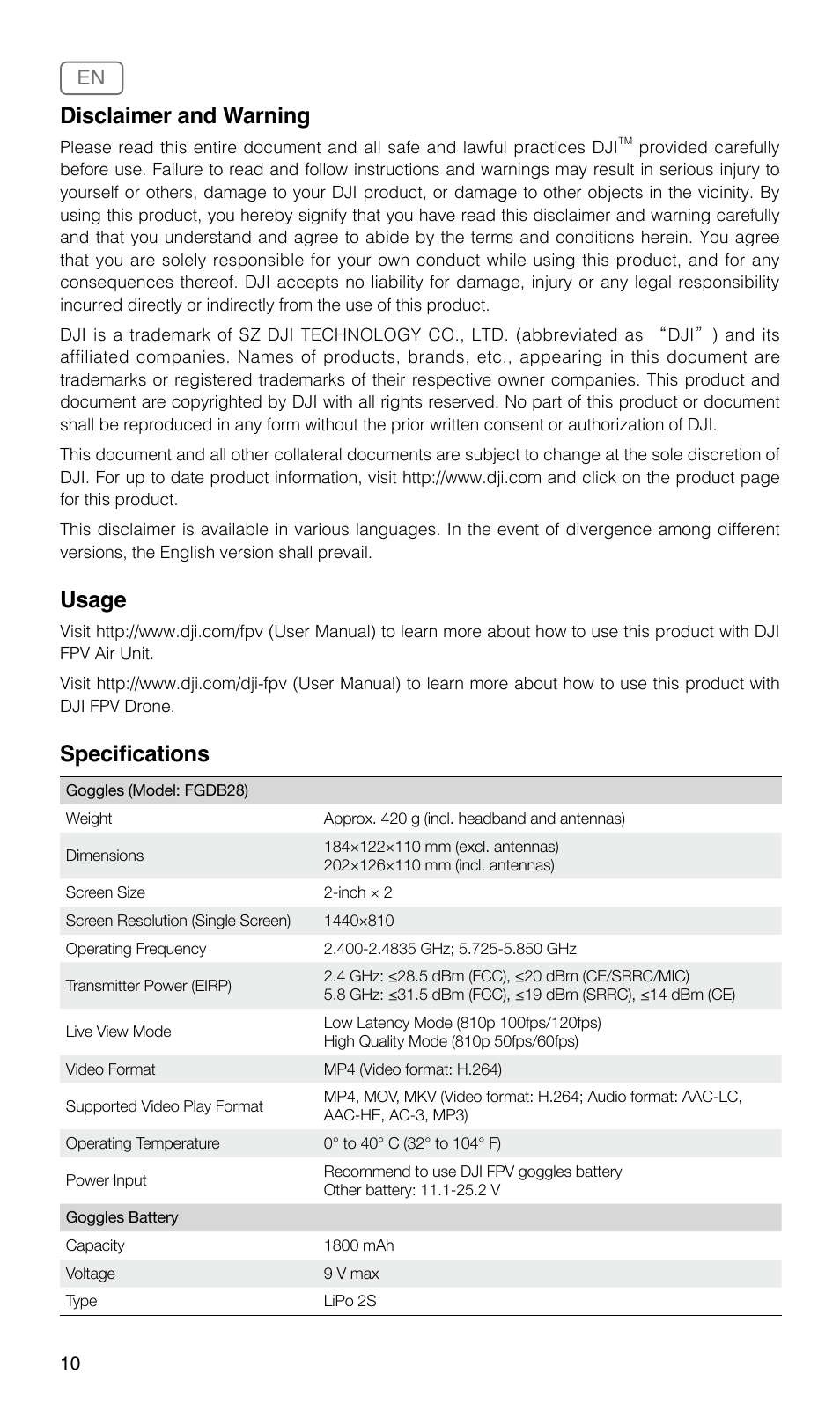 Disclaimer and warning, Usage, Specifications | DJI FPV Drone (Combo) User Manual | Page 11 / 29