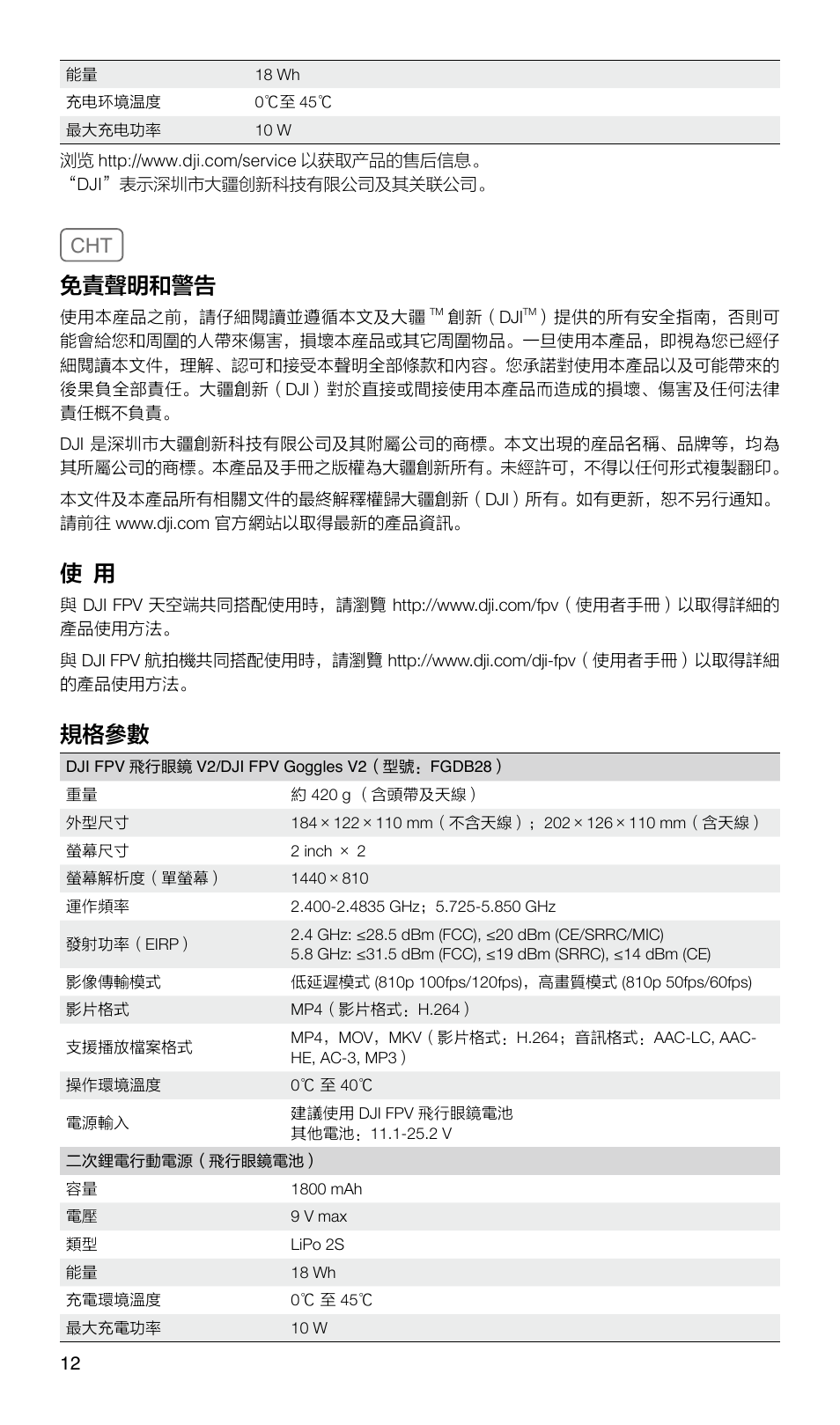 免責聲明和警告, 規格參數 | DJI FPV Drone (Combo) User Manual | Page 13 / 29