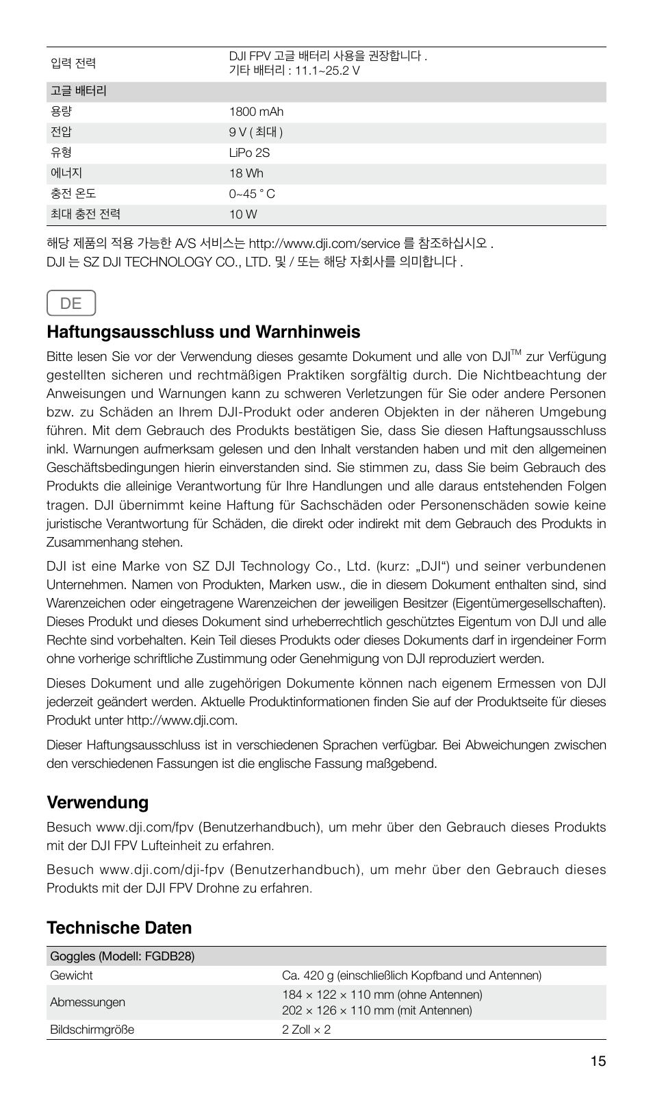 Haftungsausschluss und warnhinweis, Verwendung, Technische daten | DJI FPV Drone (Combo) User Manual | Page 16 / 29