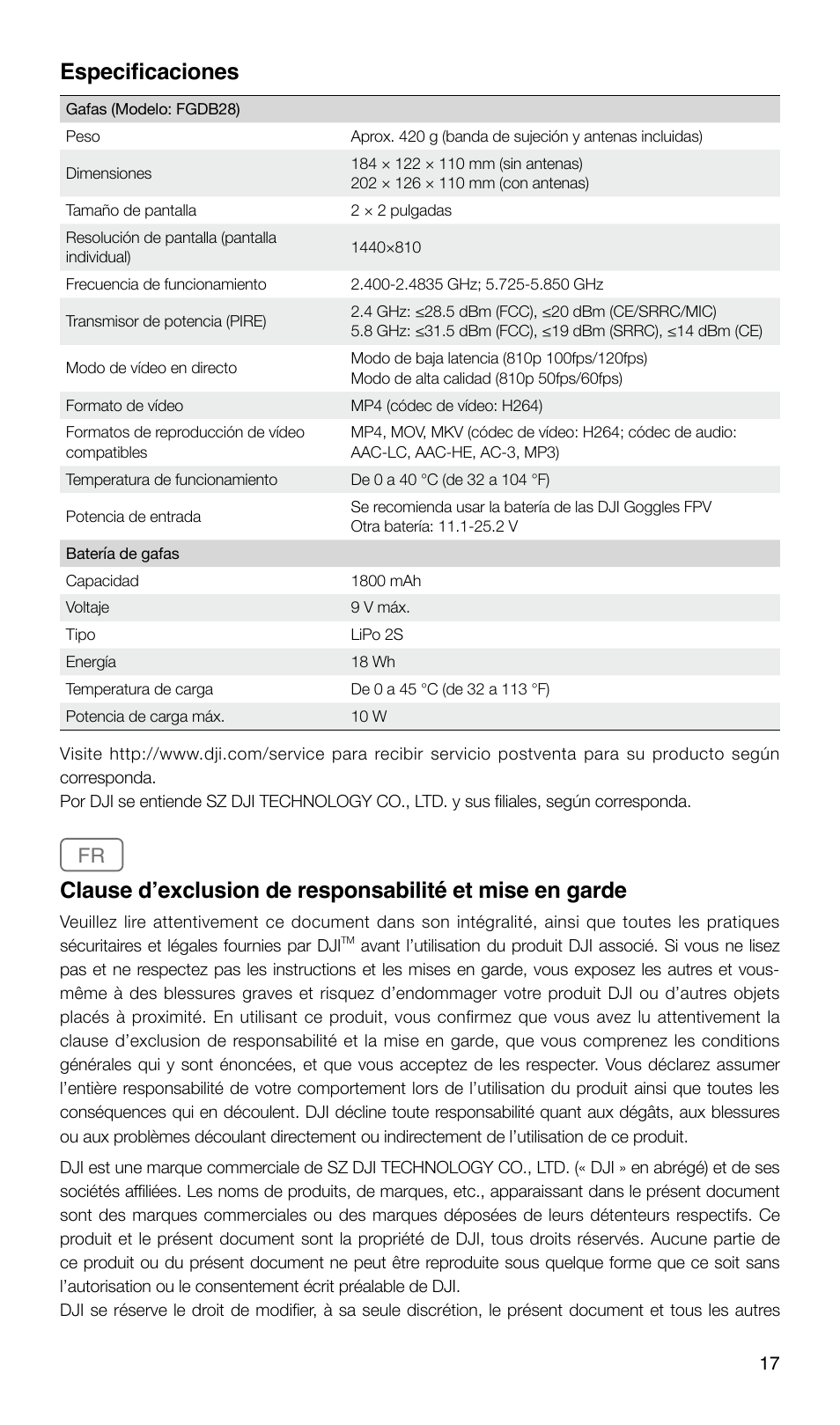 Especificaciones | DJI FPV Drone (Combo) User Manual | Page 18 / 29