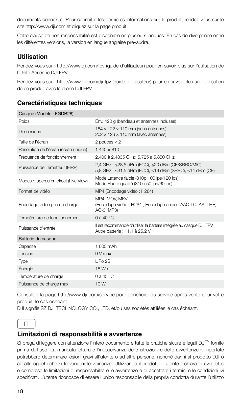 Utilisation, Caractéristiques techniques, Limitazioni di responsabilità e avvertenze | DJI FPV Drone (Combo) User Manual | Page 19 / 29